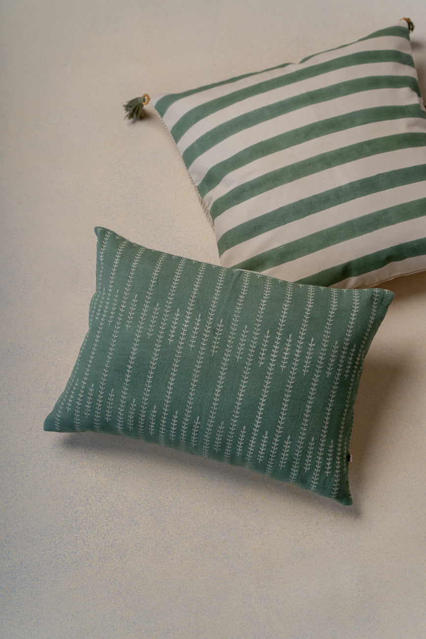 Sage Green Stripe Ruffle Blockprint Mini Cushion 